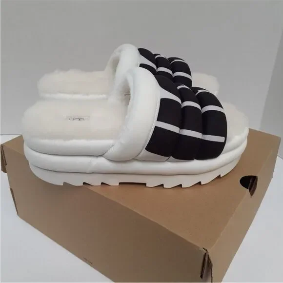 NWT Ugg maxi slide logo quilted puff platform slipper sandals white black retro - Picture 8 of 13